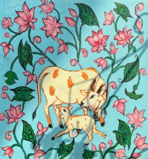 Pichhwai art of cow and calf( at small canvas suitable as table painting with stand)