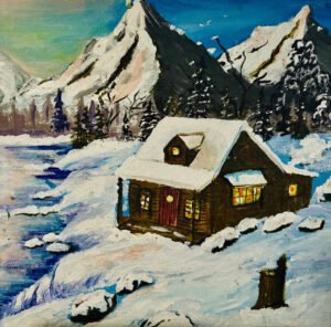 Snow landscape at small canvas suitable as table painting with stand)