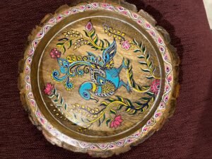 Peacock in Kalamkari style at wooden tray