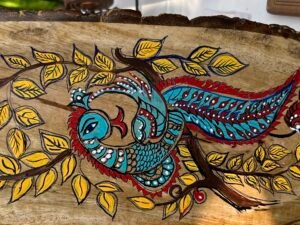 Peacock at the tree painted at wooden tray with stand