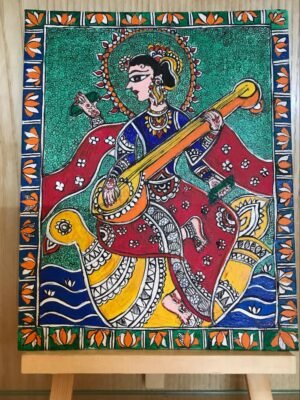 Saraswati Maa in Madhubani style( at small canvas suitable as table painting with stand)